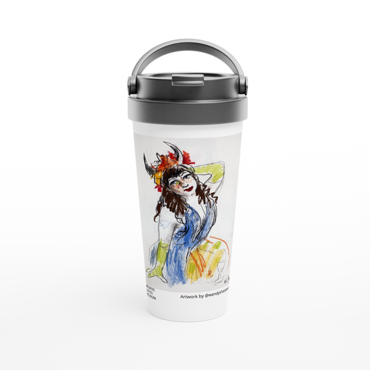 'Green Gloves and Red Wine' by Wendy Sharpe - White 15oz Stainless Steel Travel Mug